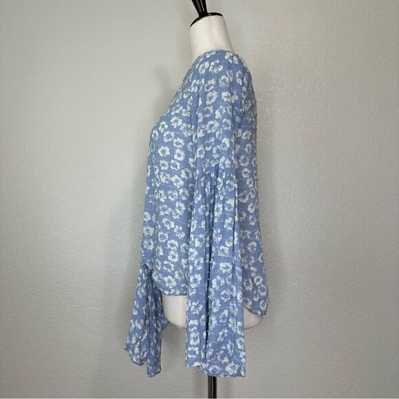 Everly Floral Blue Front Tie Swiss Dot Flared Sleeves Top, Size Small - Picture 7 of 13